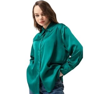St. Michael Marks And Spencer Womens Green Long‎ Sleeve Button-Up Top 100% Cupro